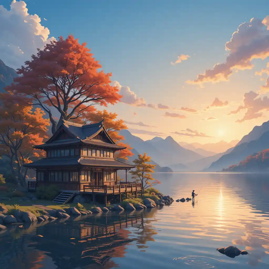 Man fishing by a lakeside house at peaceful sunset