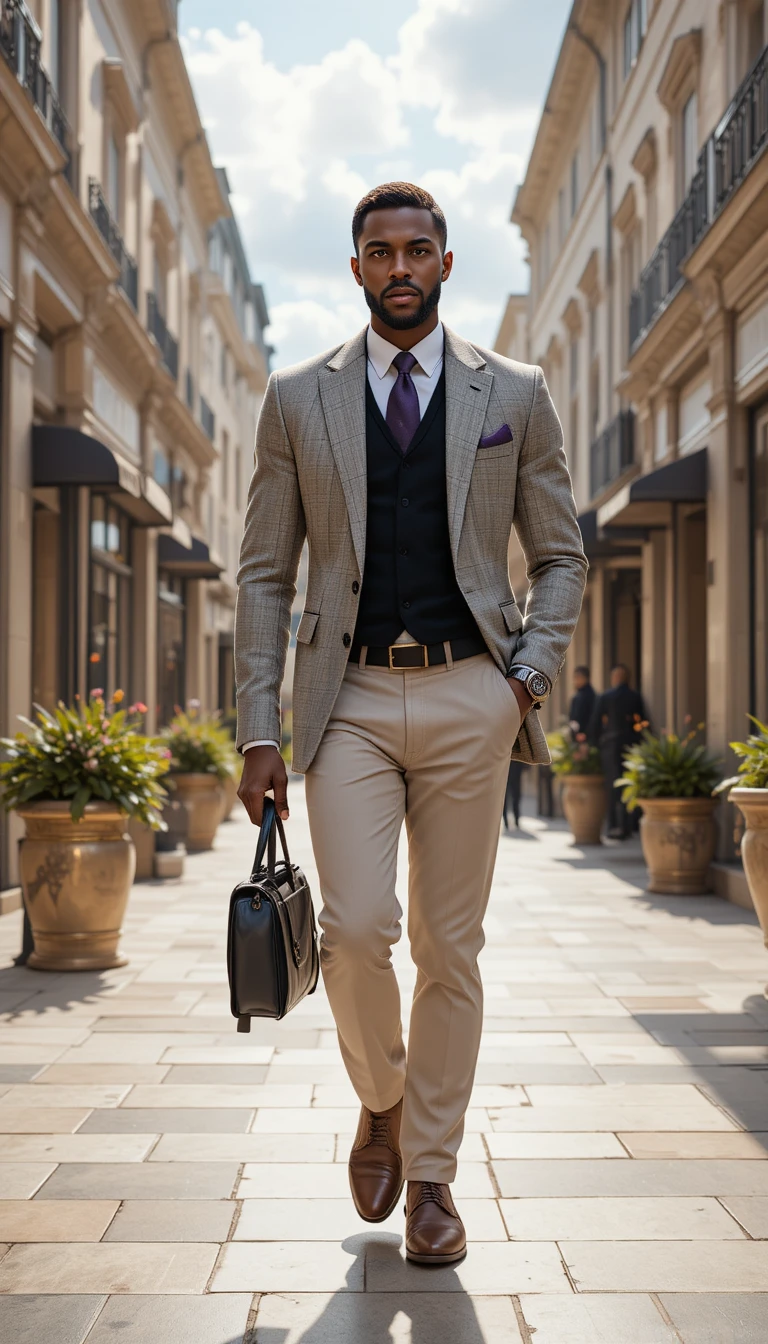 Confident kingly man walking through a sunlit city street