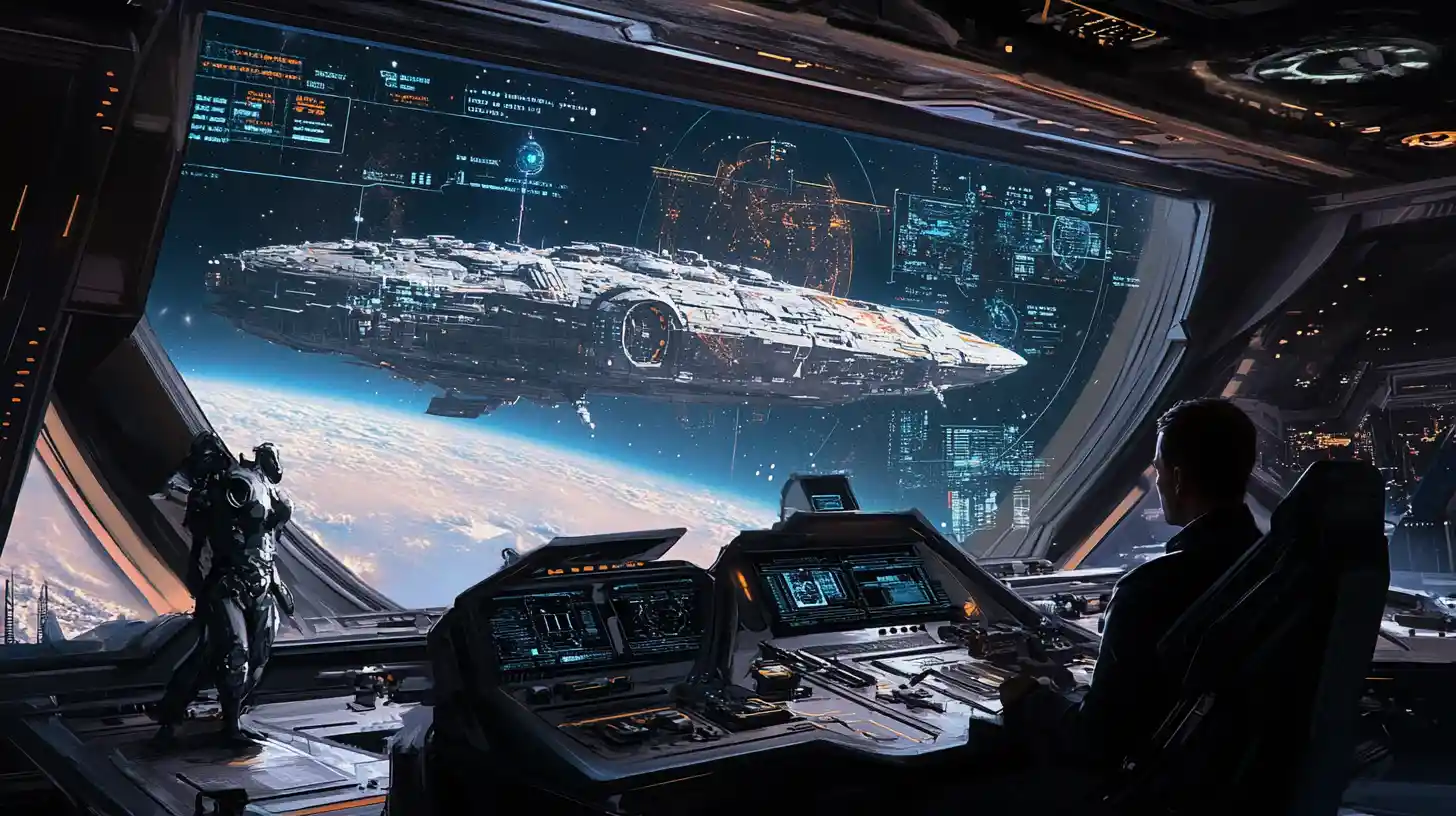 Starship command deck with curved targeting screen in battle