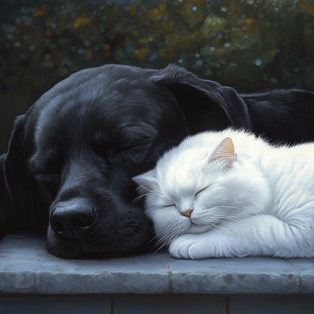 Black labrador cuddling with sleeping white cat on terrace