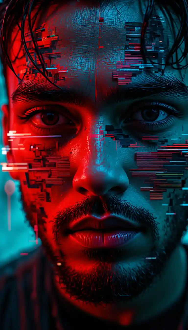 Extreme close up glitch portrait of a fragmented man
