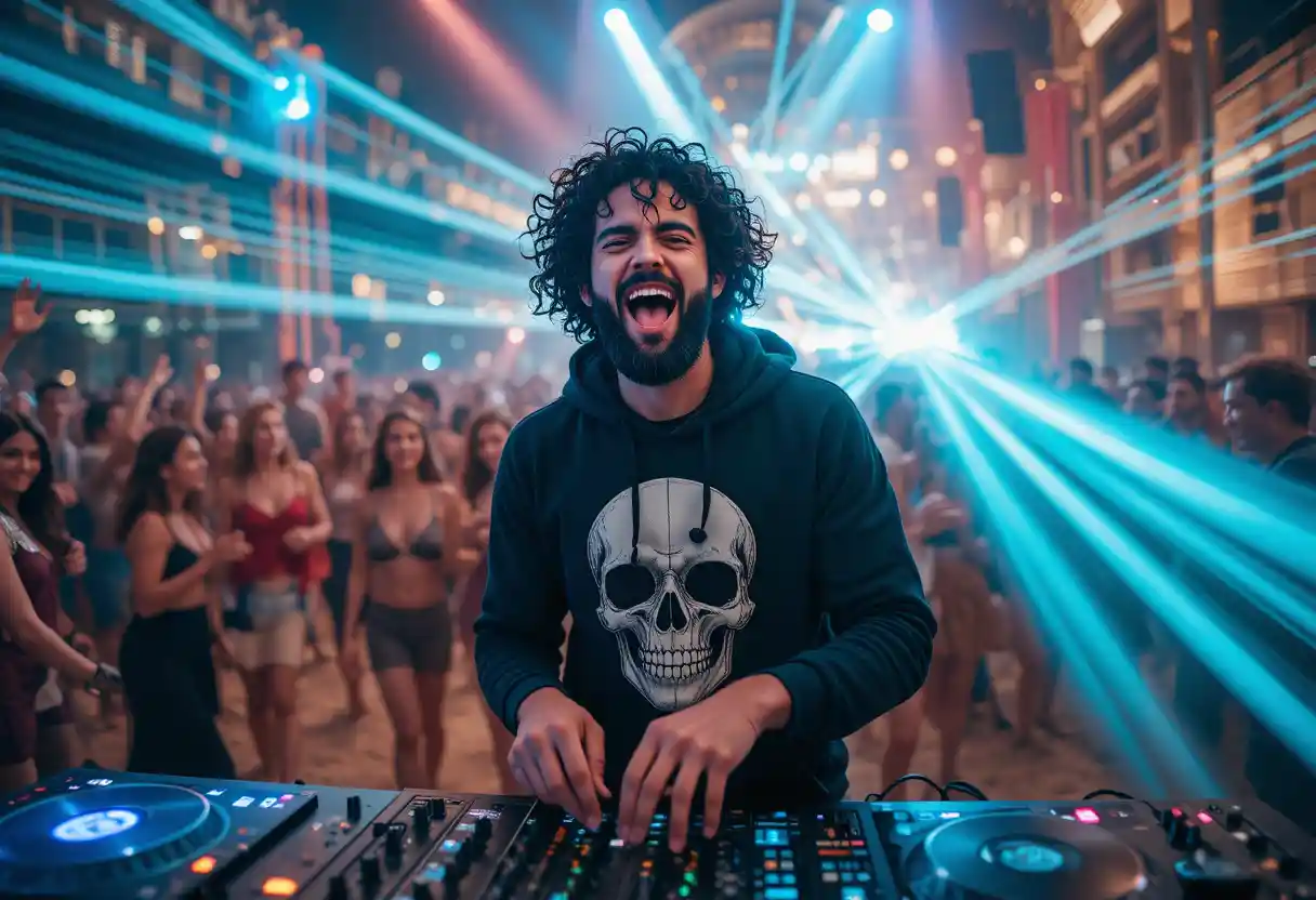 Spanish dj performing on a vibrant dubai beach stage