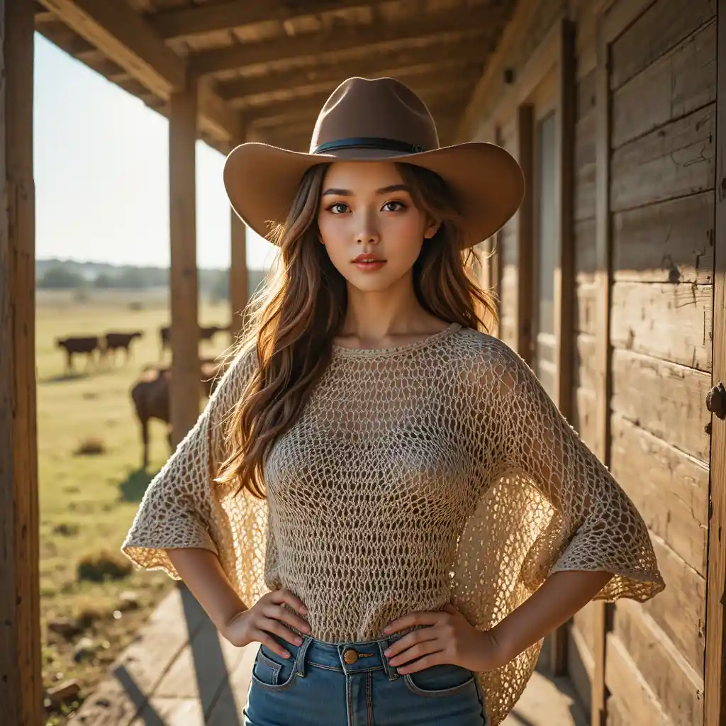 Confident Korean cowgirl on a rustic Texas farmhouse porch