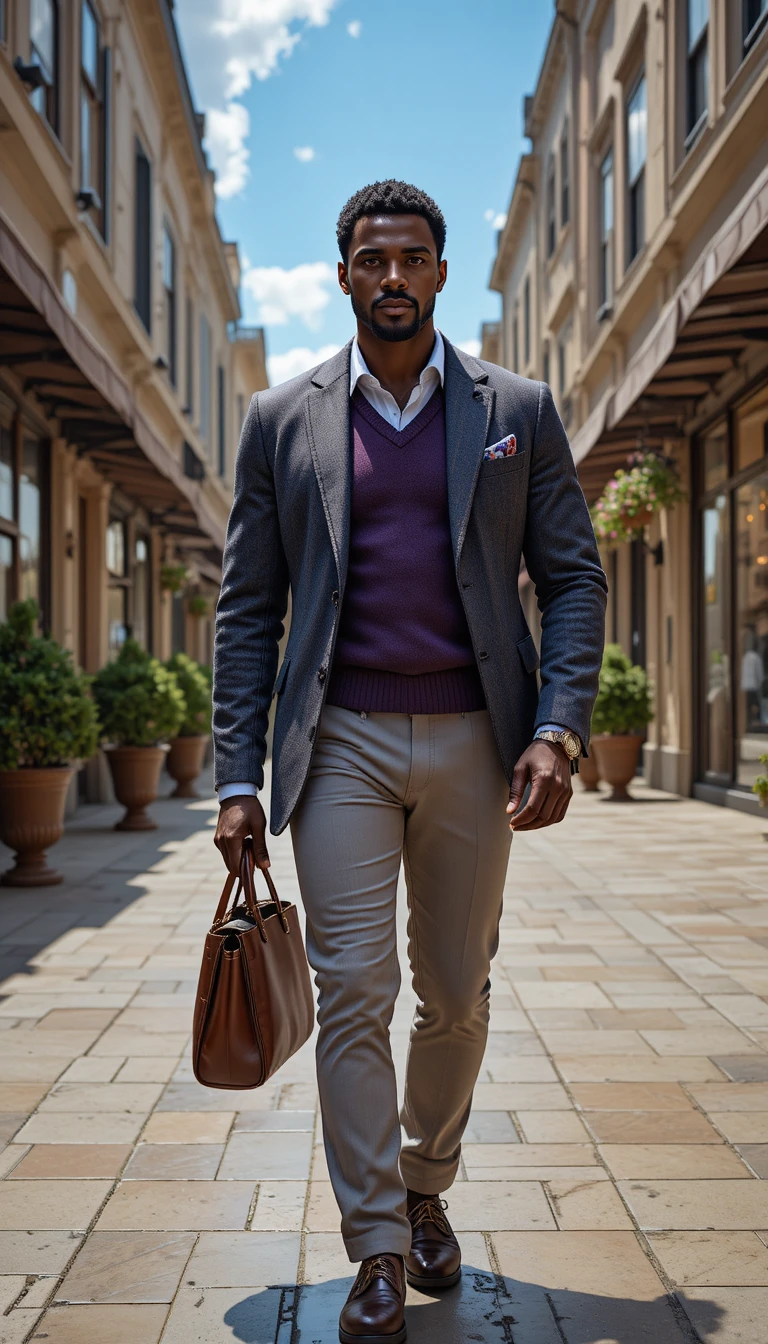 Confident well dressed king walking on a sunlit city street