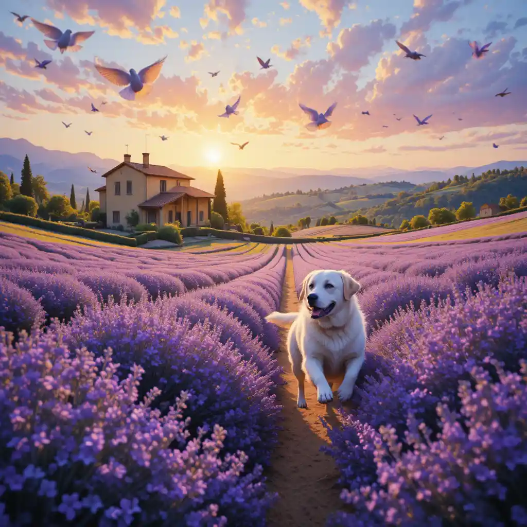 Cane che corre in un campo di lavanda all’ora d’oro