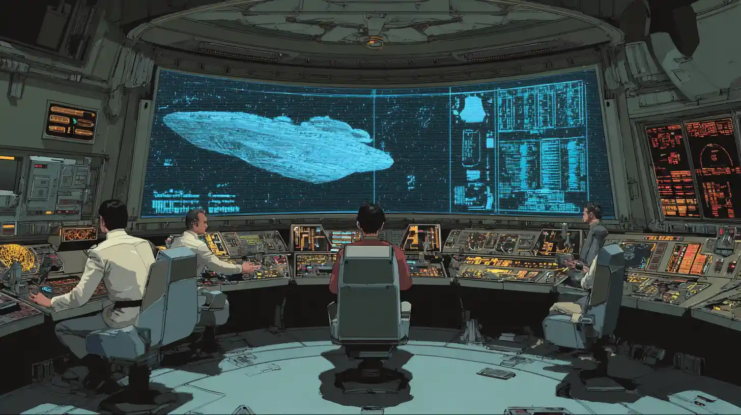 Starship captain on command deck facing targeted alien vessel