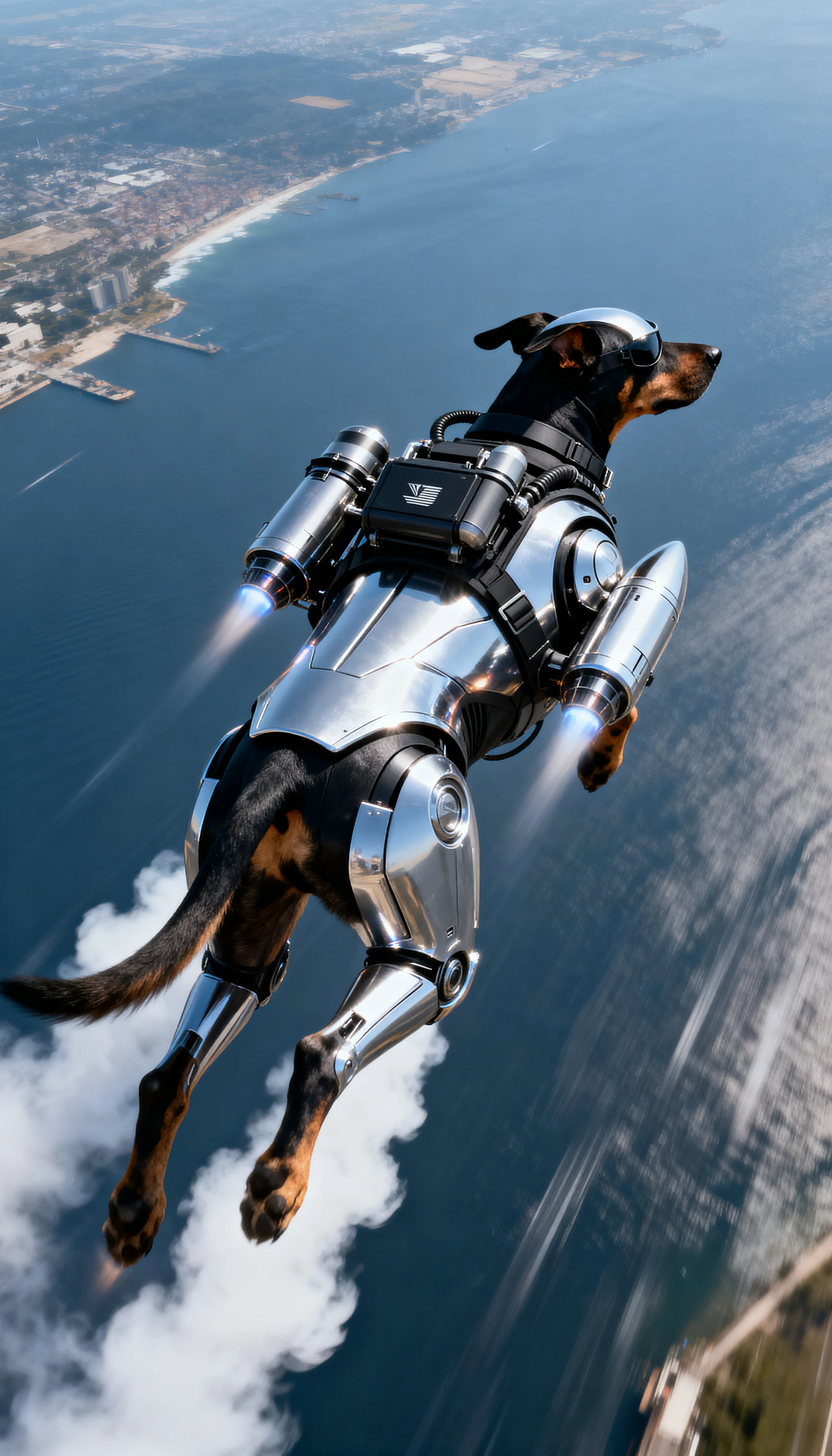 Cane spia hi-tech con jetpack che sfreccia nel cielo