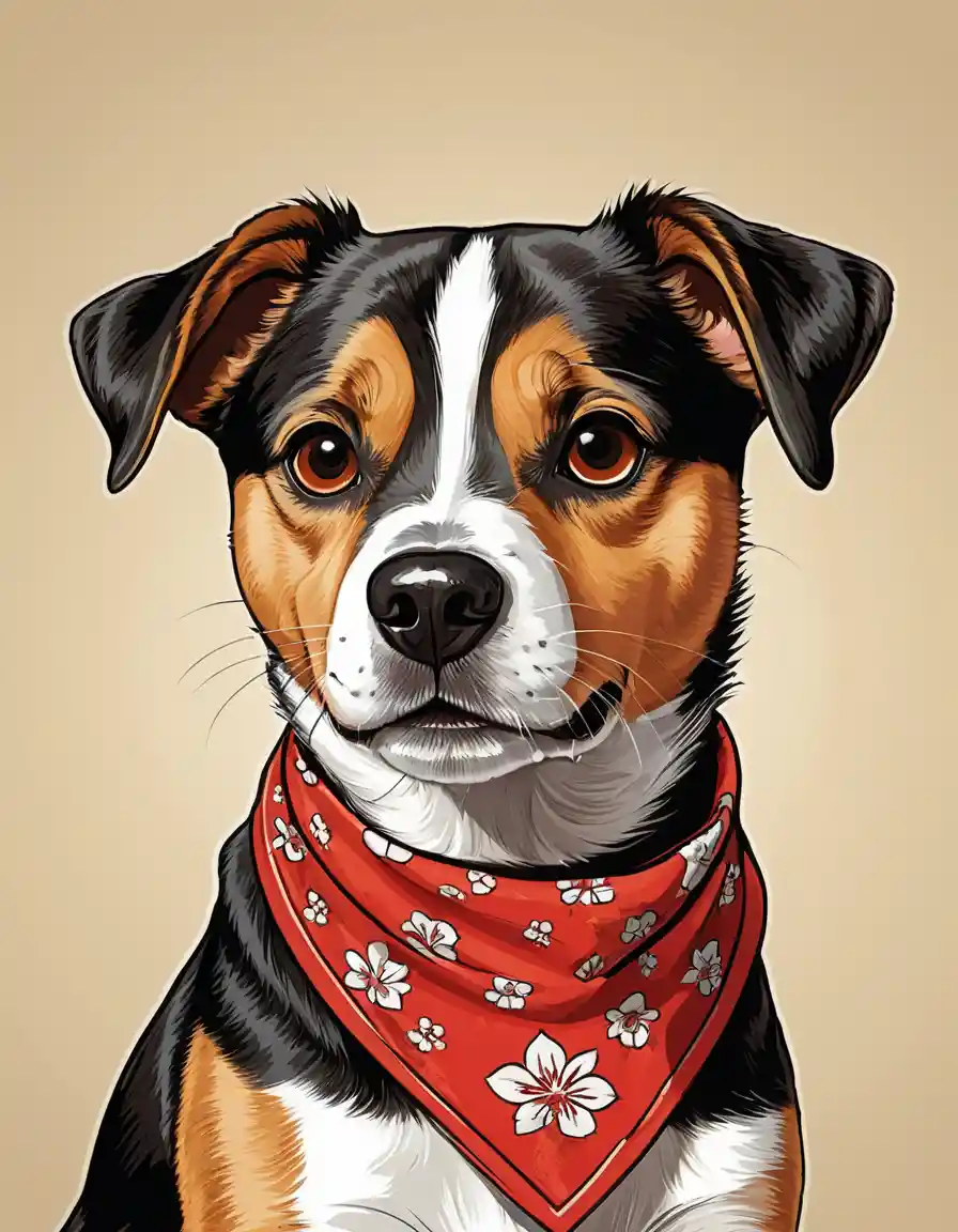 Cane cartoon amichevole con bandana rossa in ritratto ravvicinato