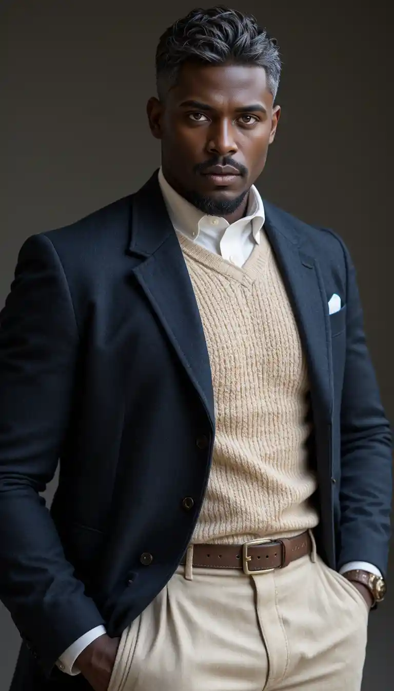 Majestic ebony king in tailored old money menswear