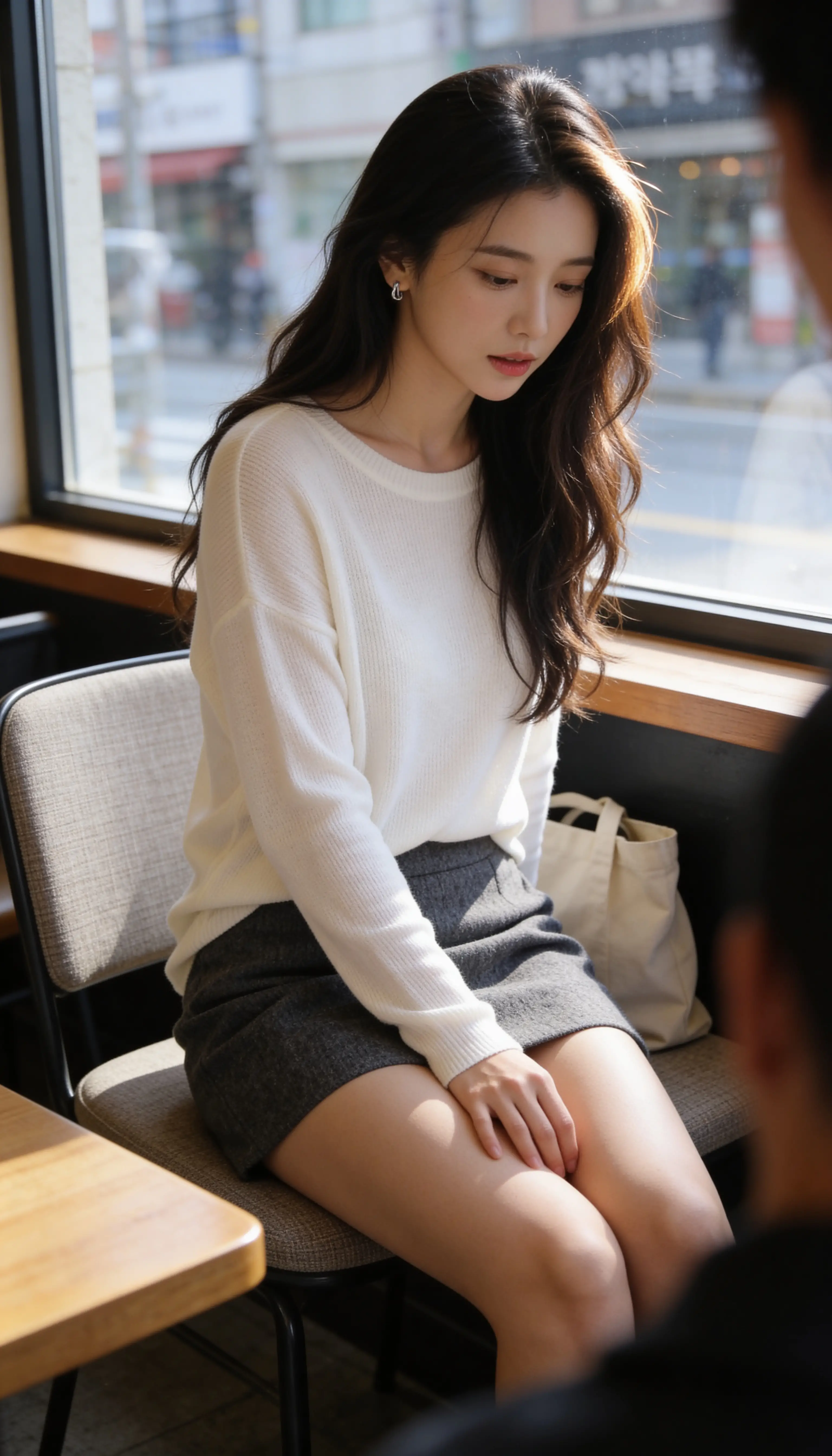 Korean woman in cafe captured from subtle male viewpoint