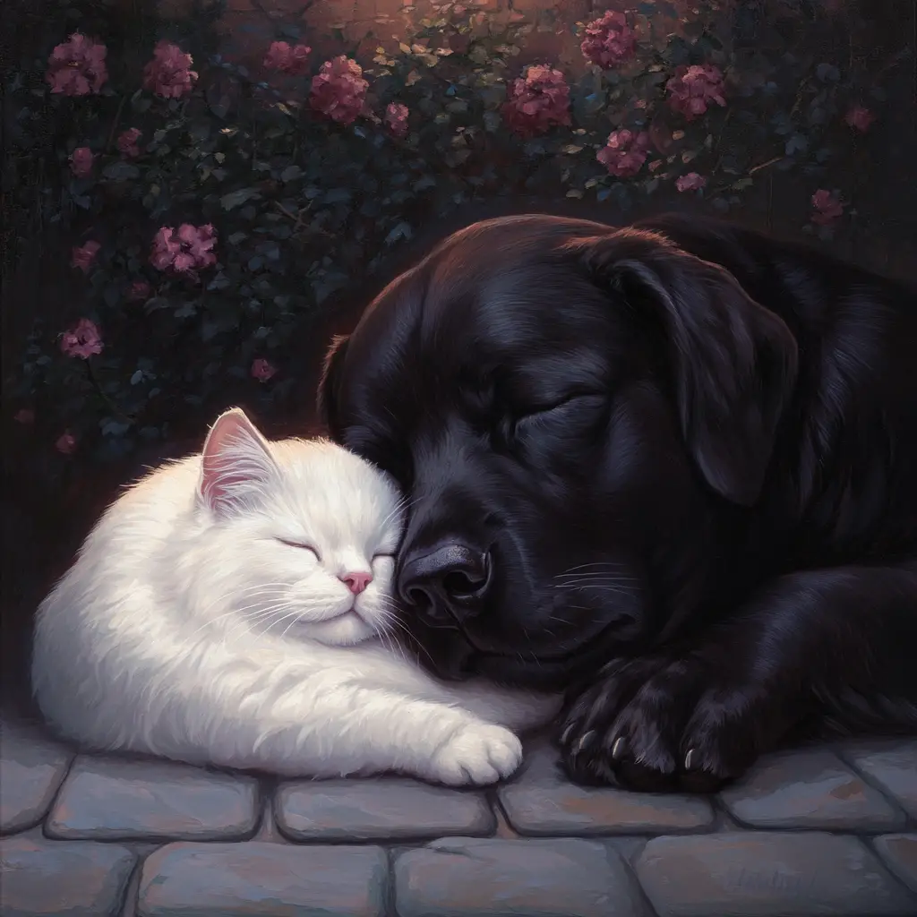 Labrador noir câlinant un chat blanc endormi sur une terrasse