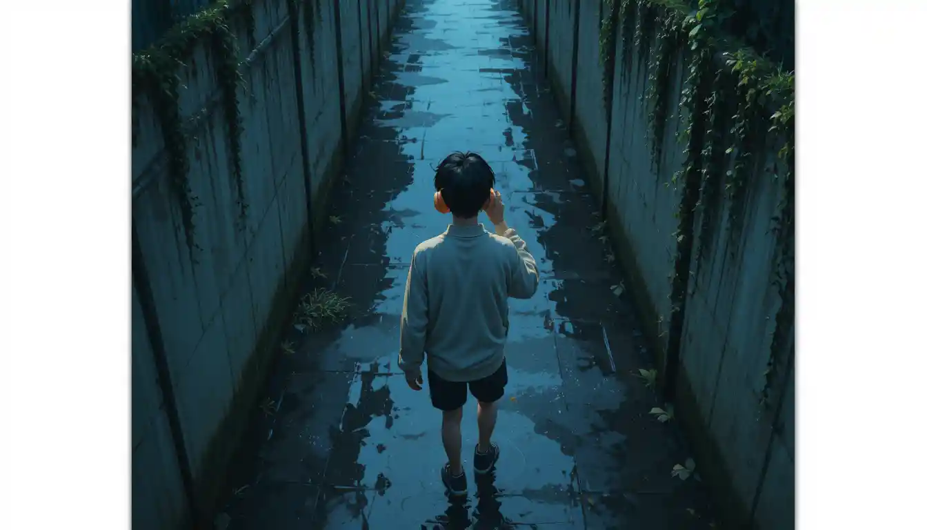 Lonely boy with headphones walking through a rainy alley