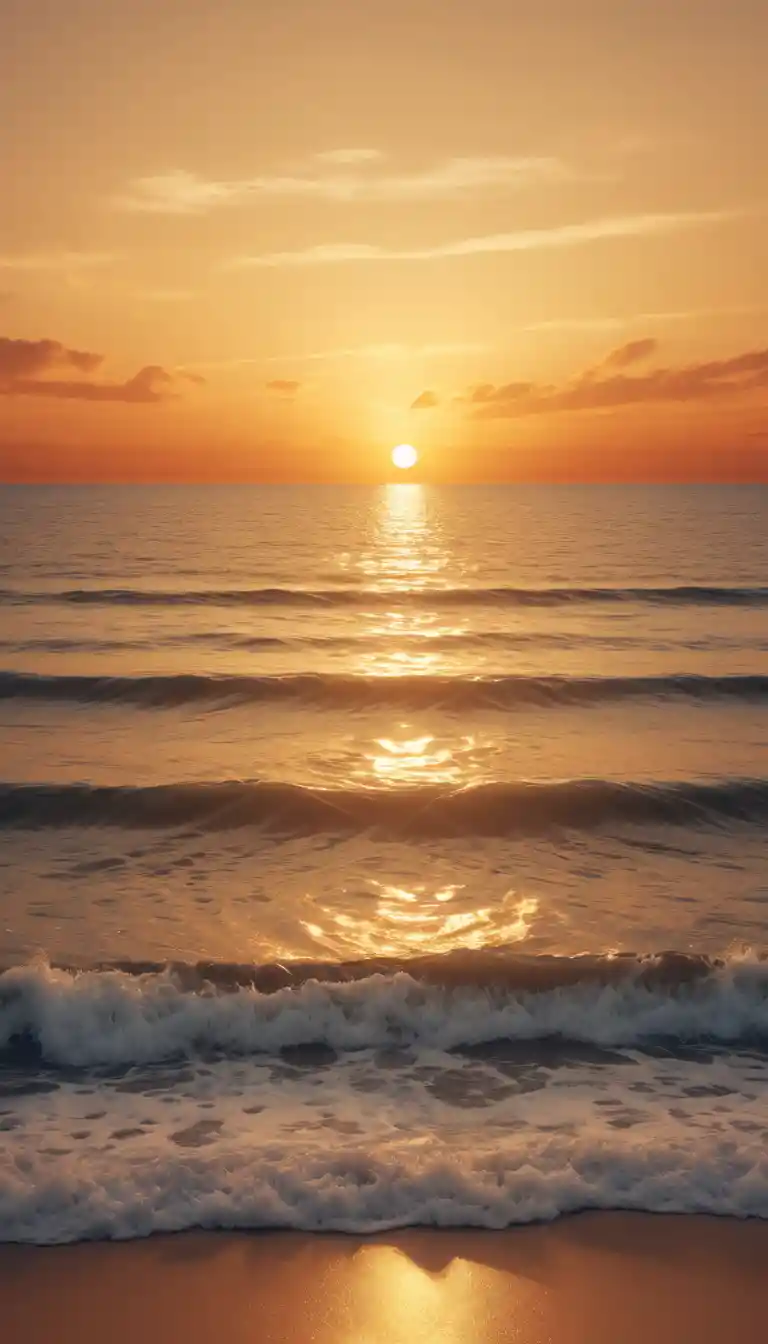 Golden sunset over calm sea with gentle rolling waves