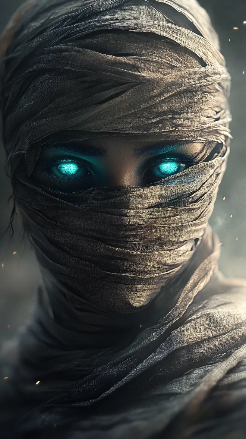Ancient female mummy with glowing blue eyes in shadow