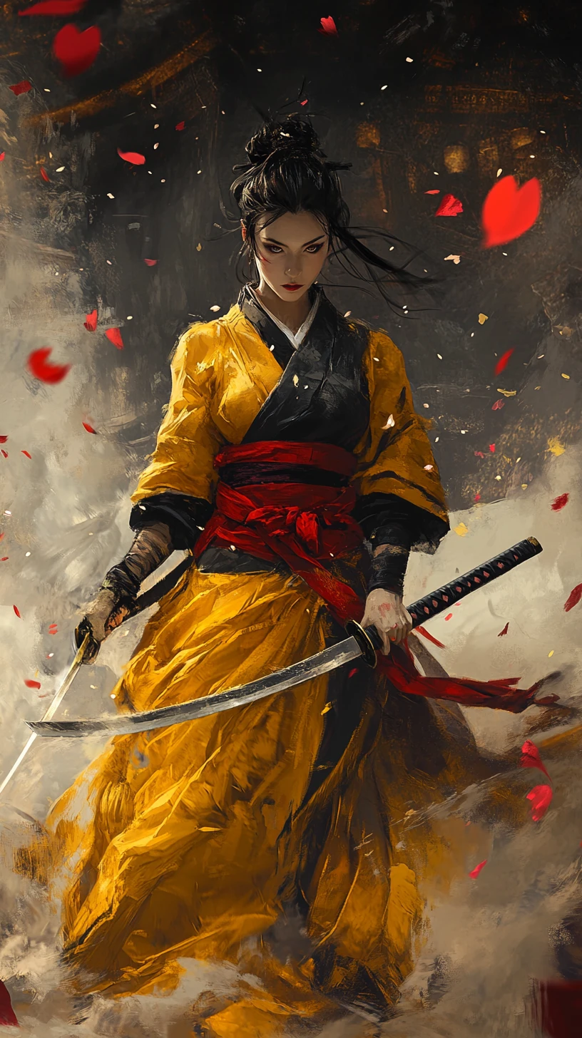 Stoic female samurai with katana amid drifting blossoms