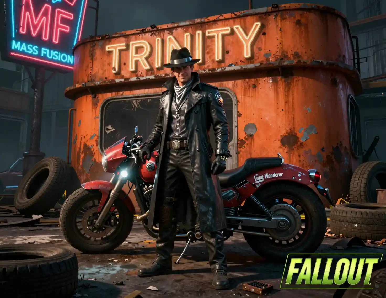 Smiling sci fi detective beside motorcycle in ruined city