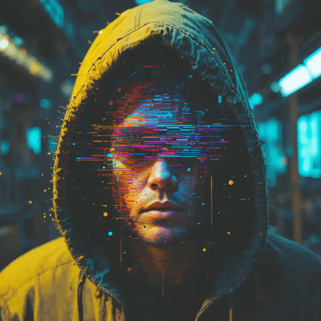 Glitch distorted close up of a hooded figure in darkness