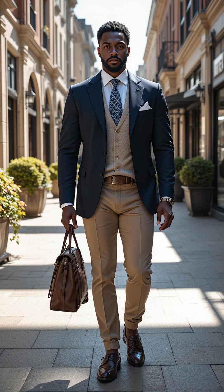 Confident stylish king walking along a sunlit city street