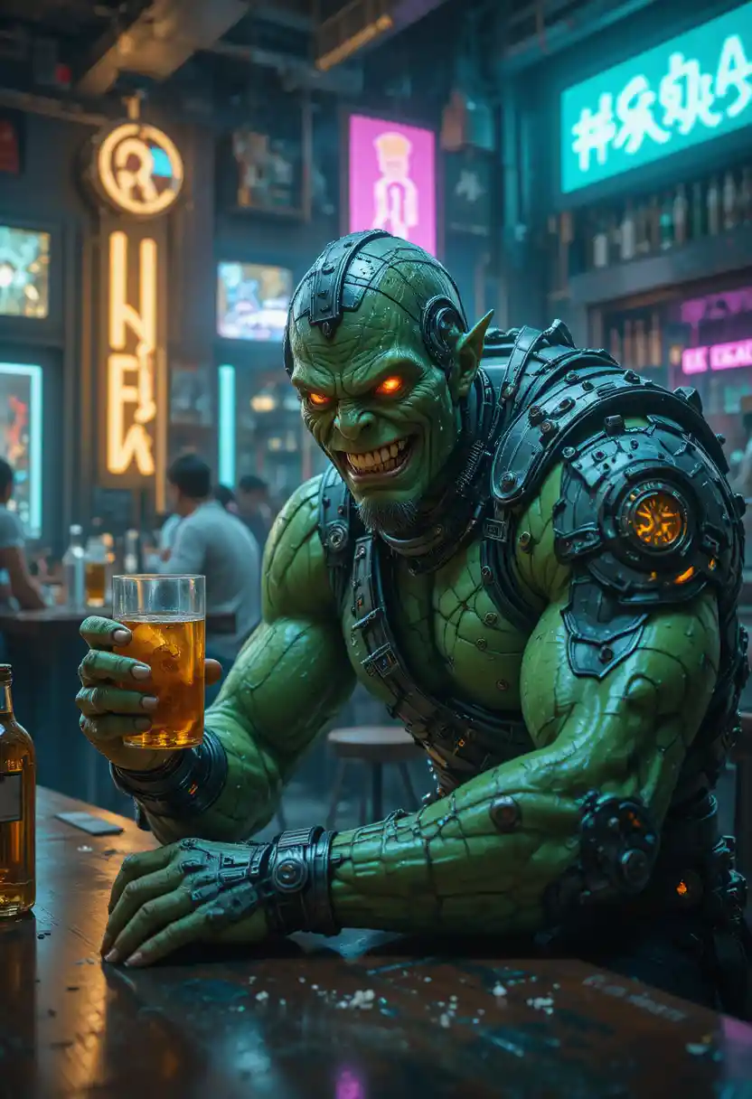 Cyberpunk orc relaxing at a neon lit futuristic bar