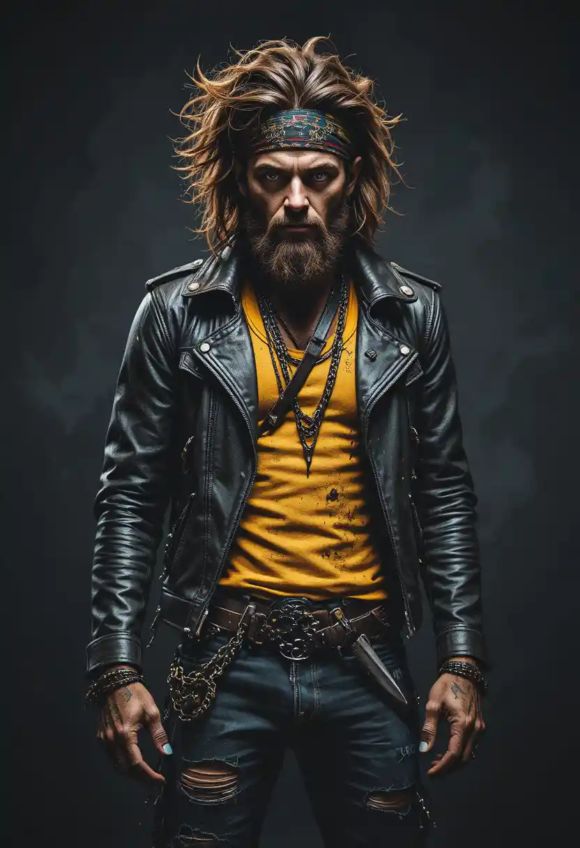 Rugged man in torn leather with chains and knives