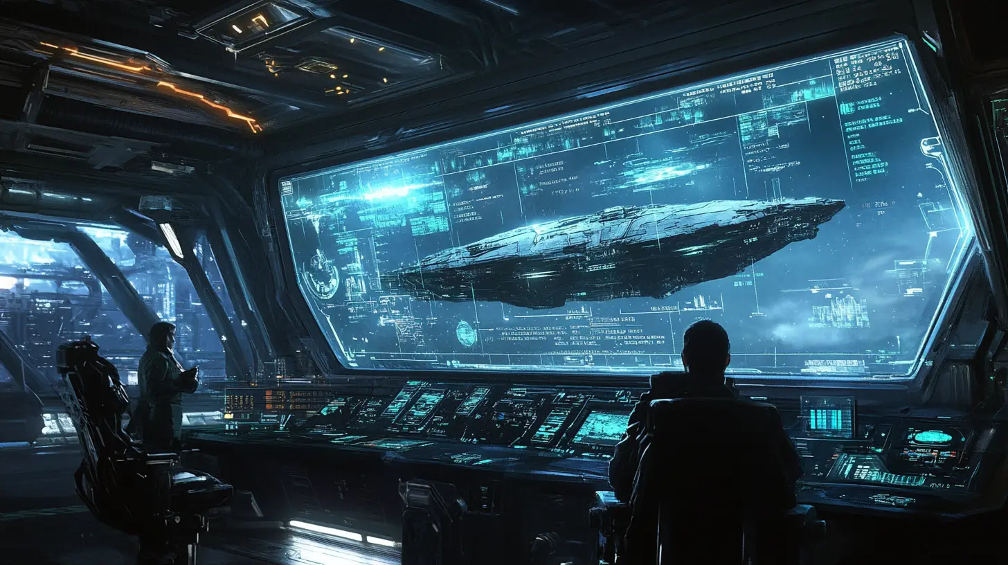Starship command deck with targeting screen and alien vessel