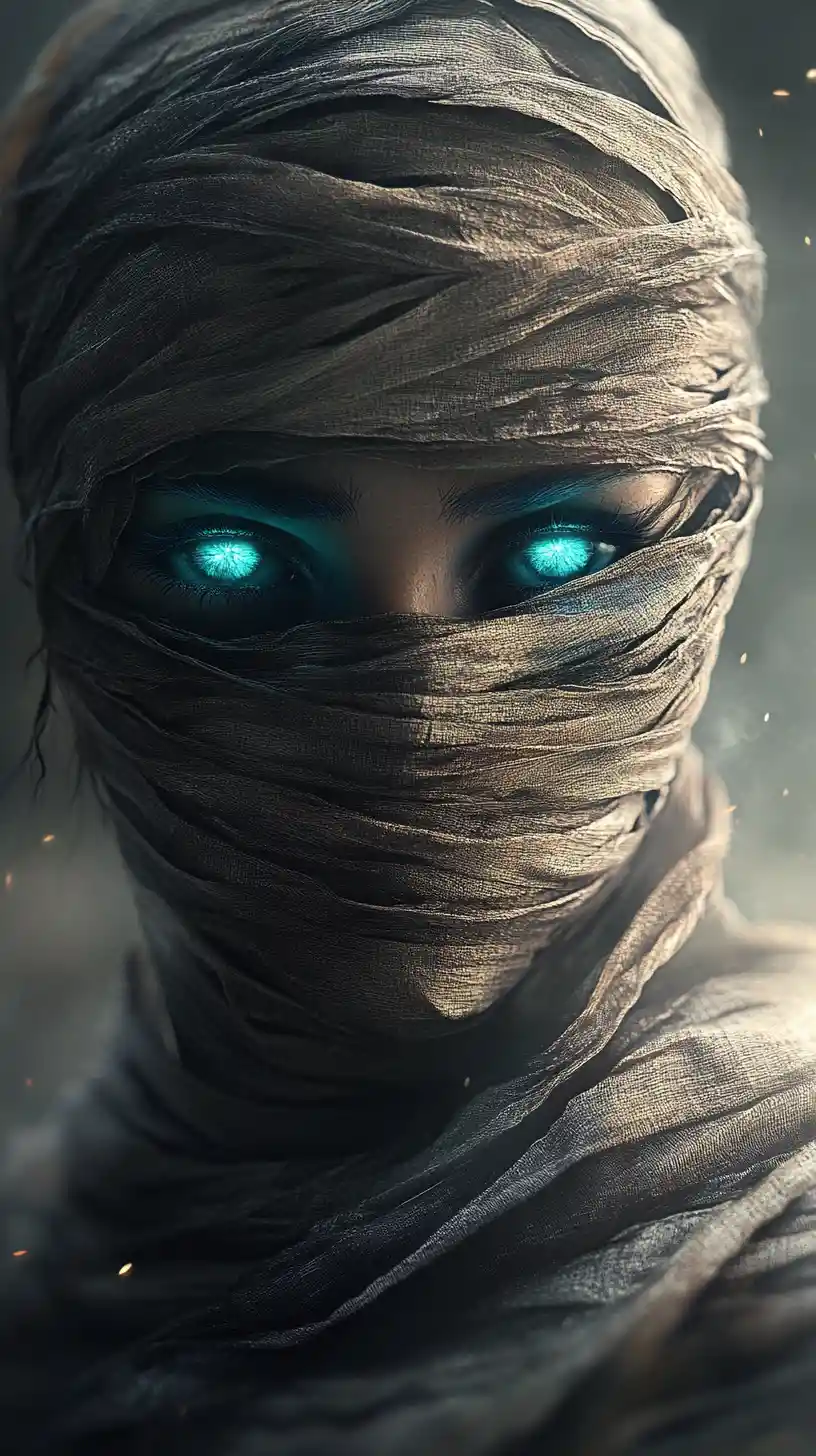 Ancient female mummy with glowing blue eyes in shadow