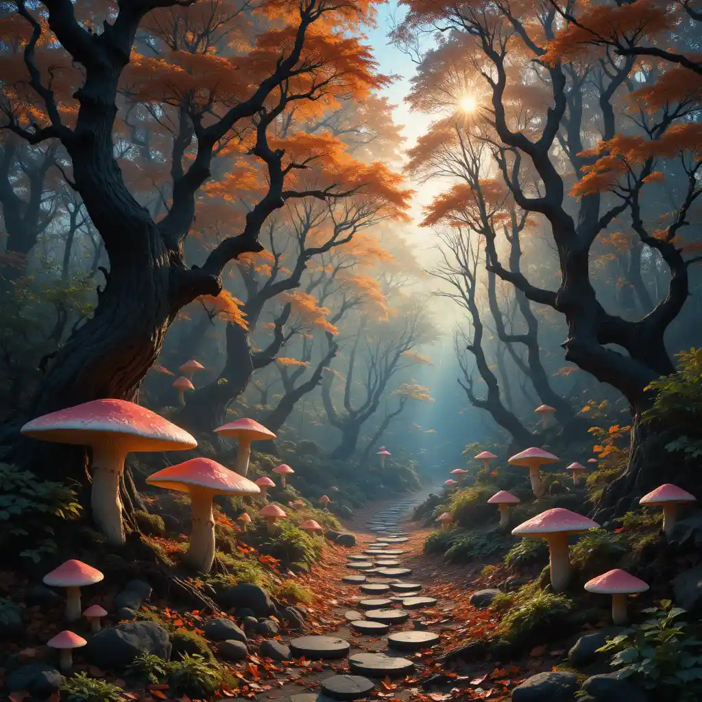 Twilight forest path with glowing rays and mushrooms