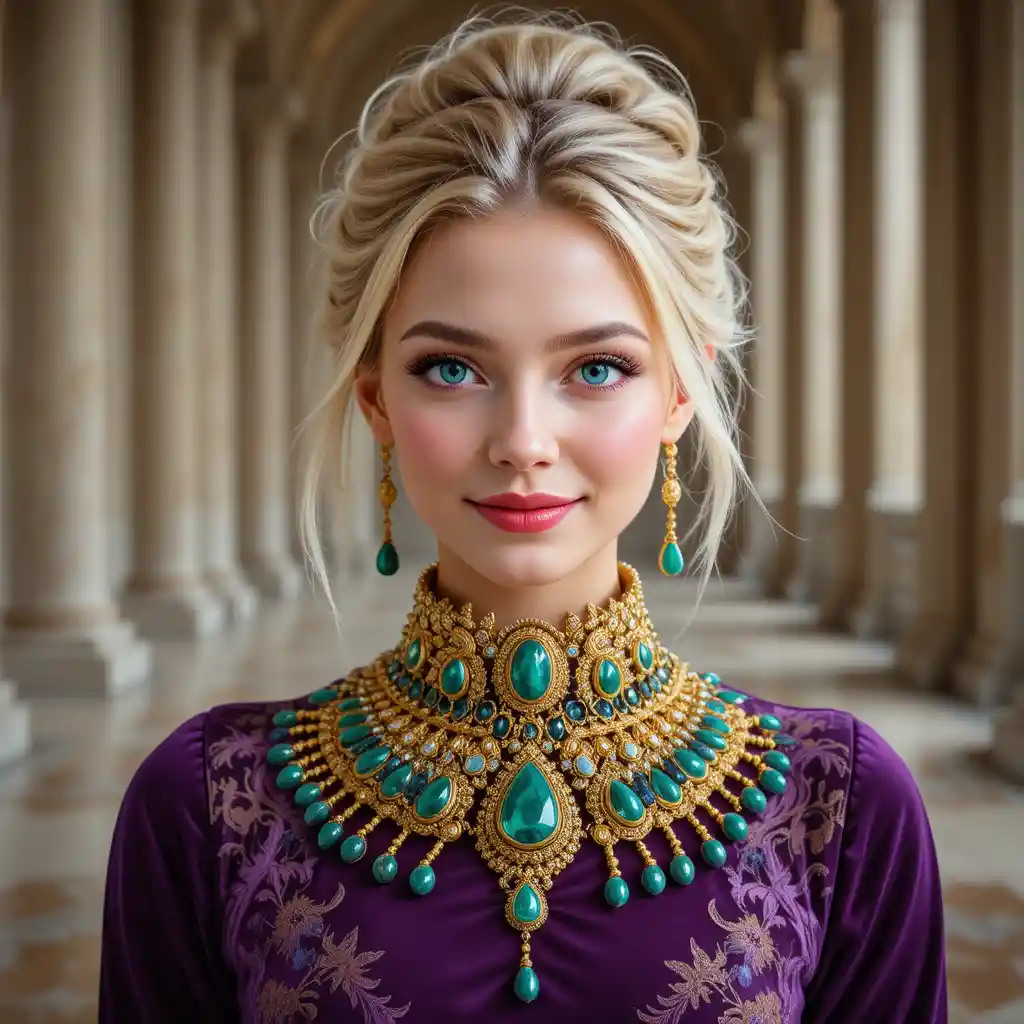 Smiling blonde woman in gold emerald necklace portrait