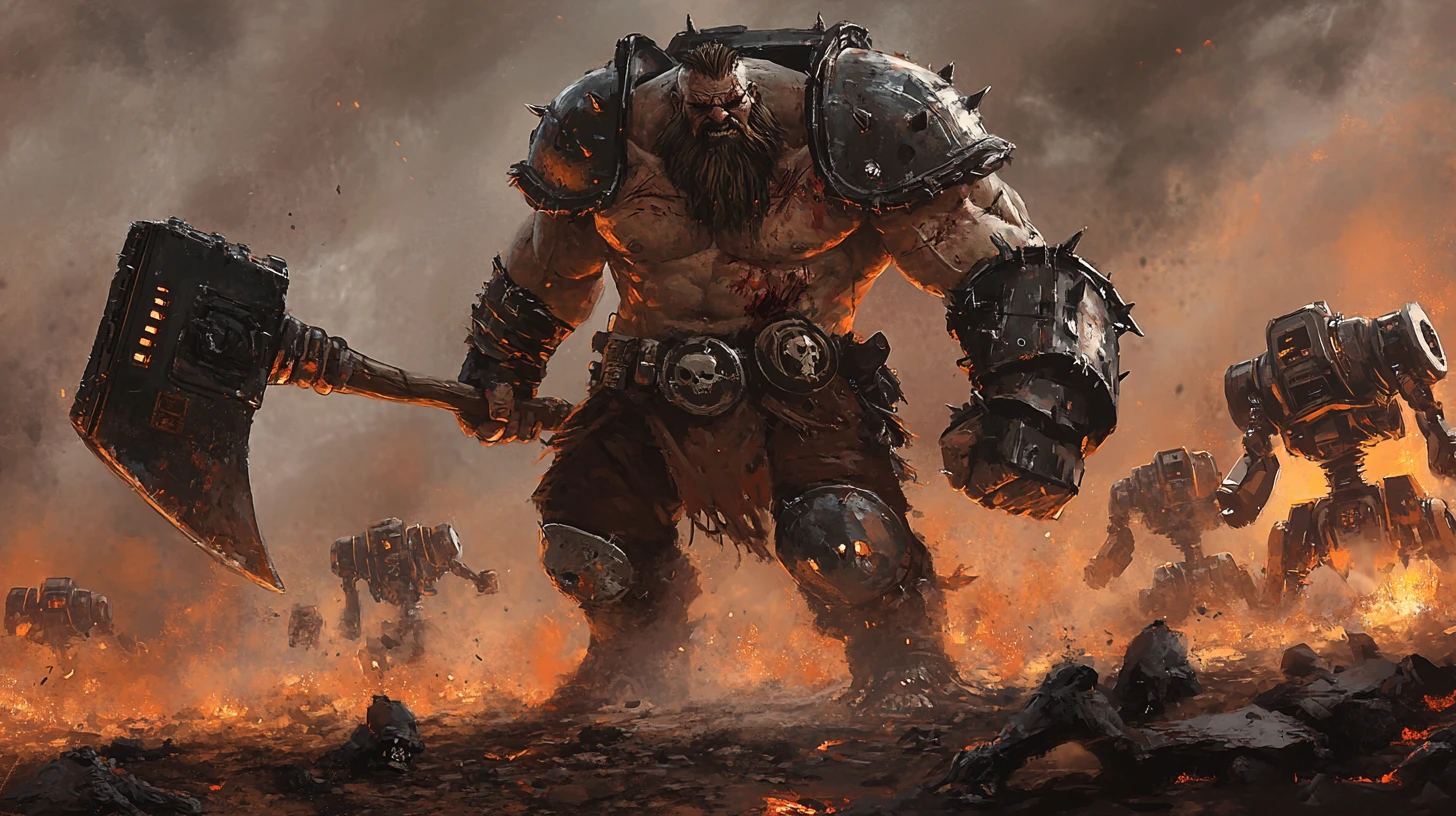 Barbarian warrior charging across a desolate robotic battlefield
