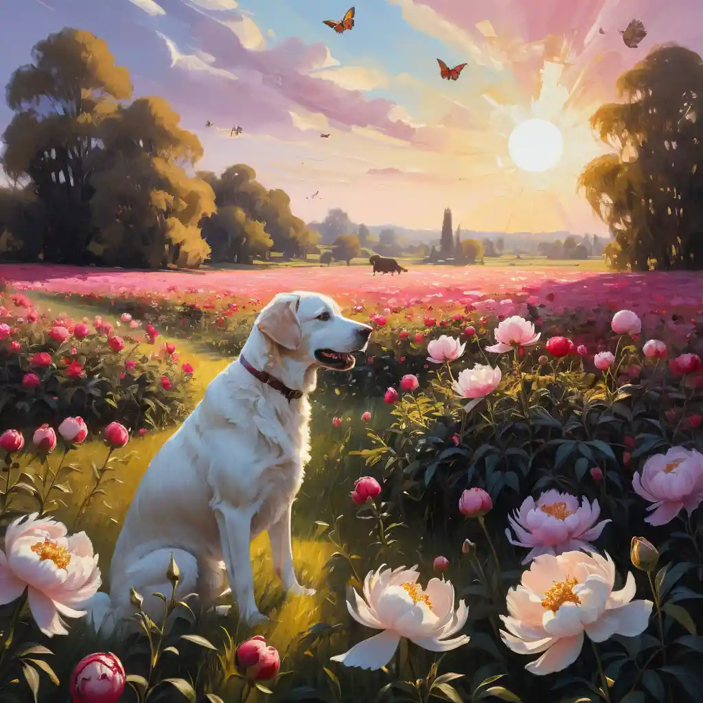 Golden hour dog running through peony flower field