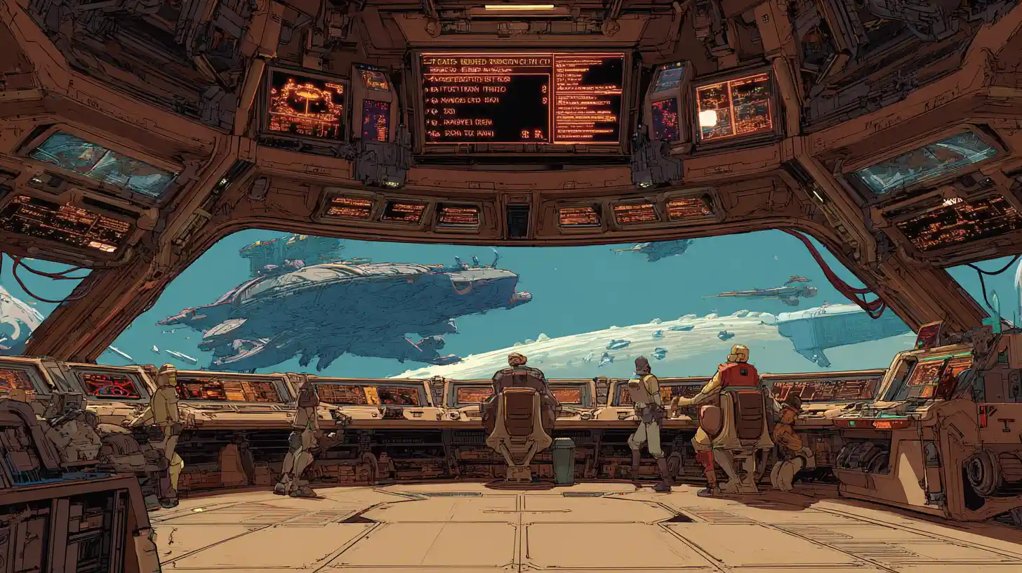 Starship command deck with curved targeting screen and crew