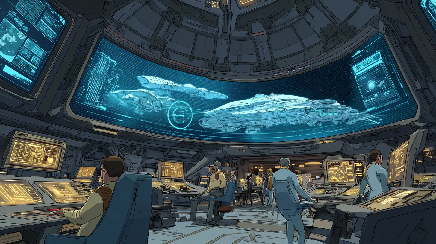 Starship command deck with captain and targeting display