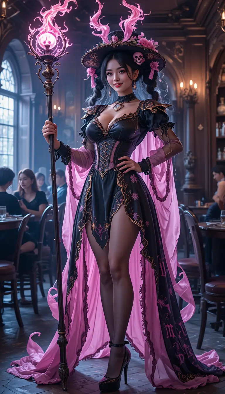 身穿黑色與粉色服裝施展魔法的韓國女術士