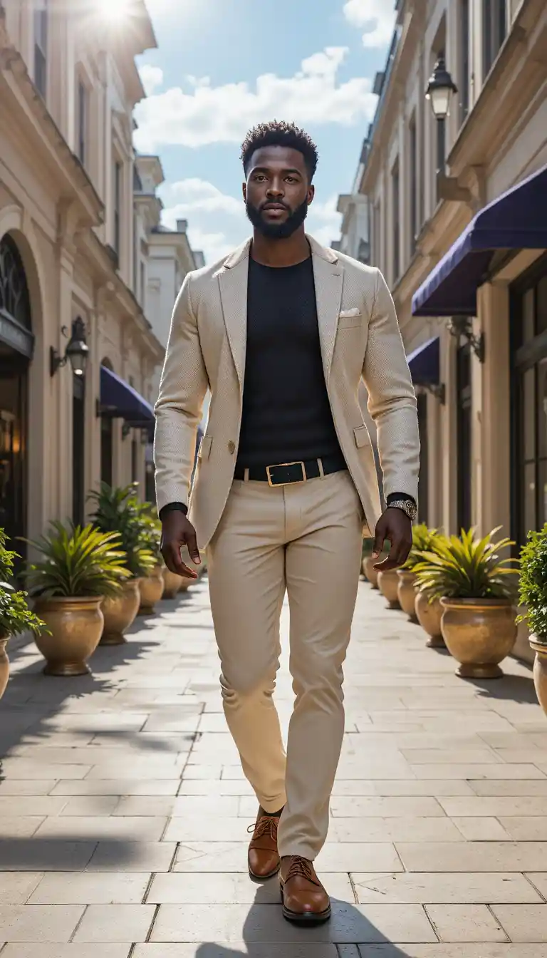 Confident stylish king walking along a sunny city street