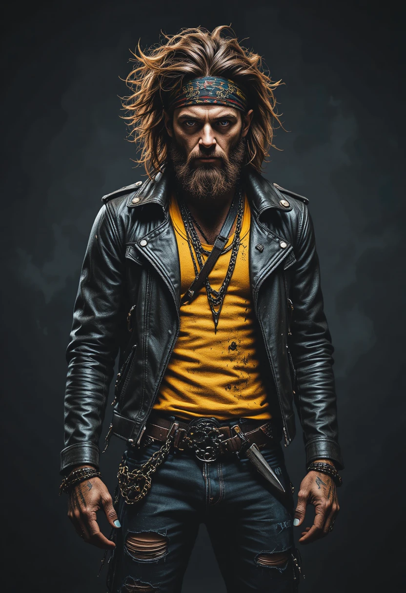 Rugged man in torn leather with chains and knives
