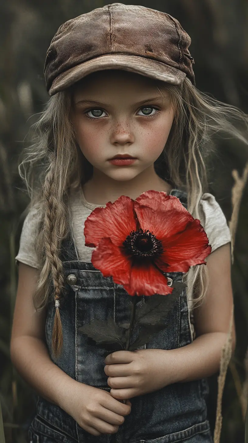 Young girl with red poppy in monochrome field illustration