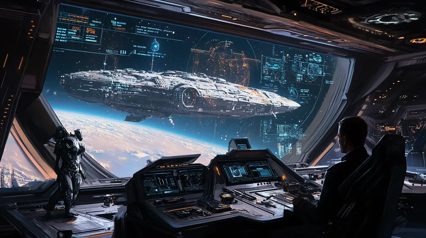 Starship command deck with curved targeting screen in battle