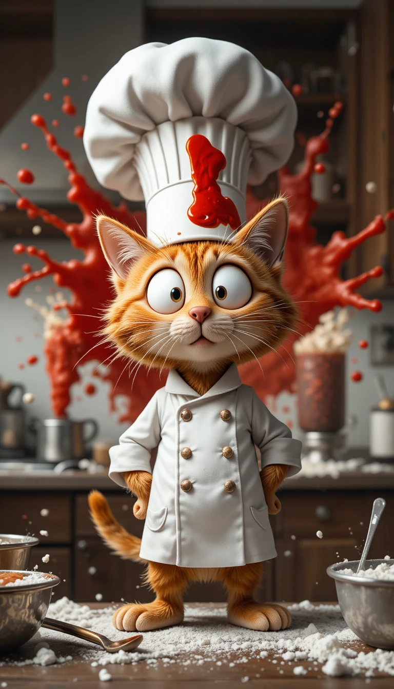 Flustered chef reacts as tomato sauce explodes behind him