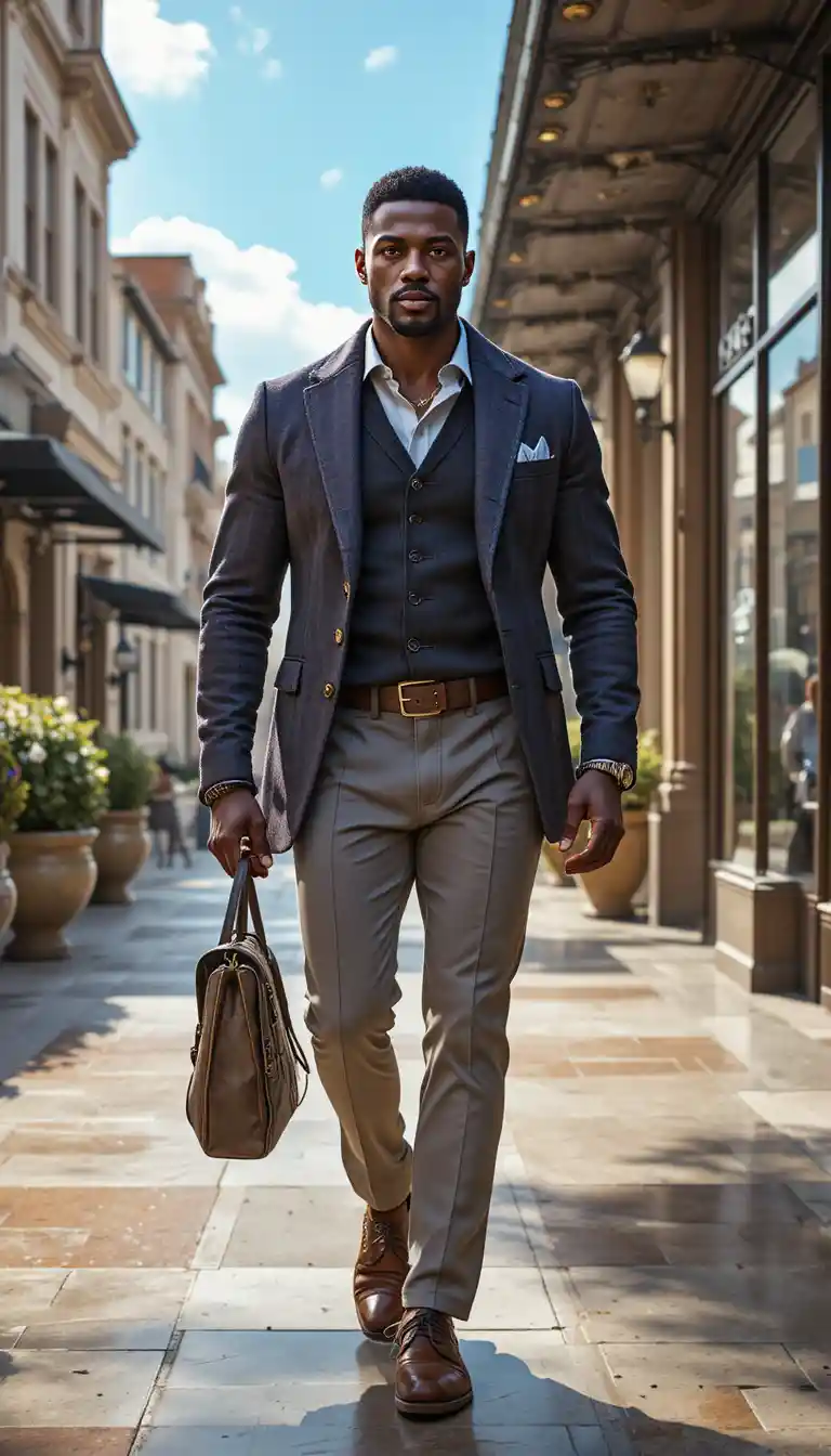 Confident well dressed king strolling through sunlit city street