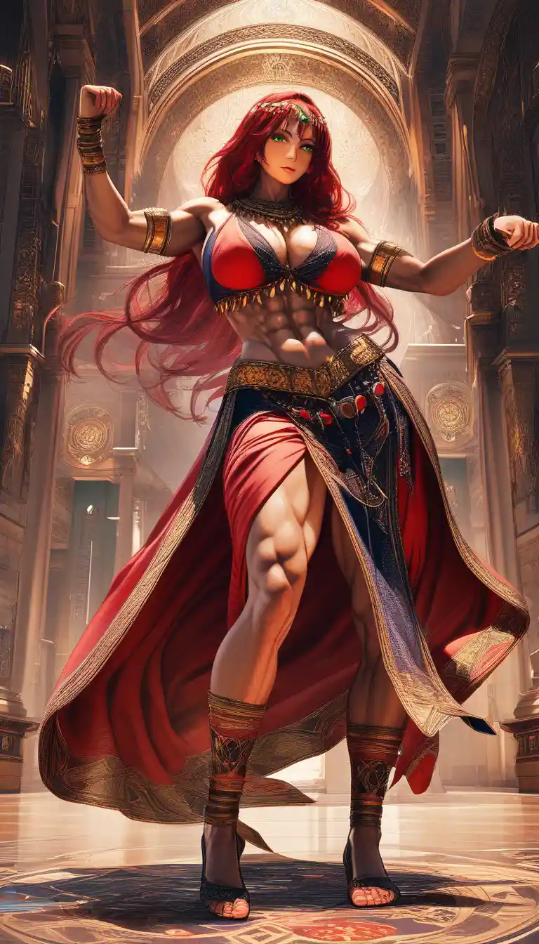 Tall muscular amazon woman dancing in harem attire