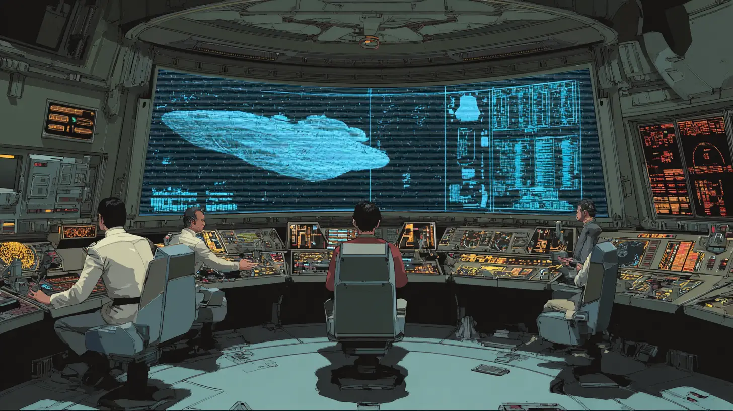 Starship captain on command deck facing targeted alien vessel
