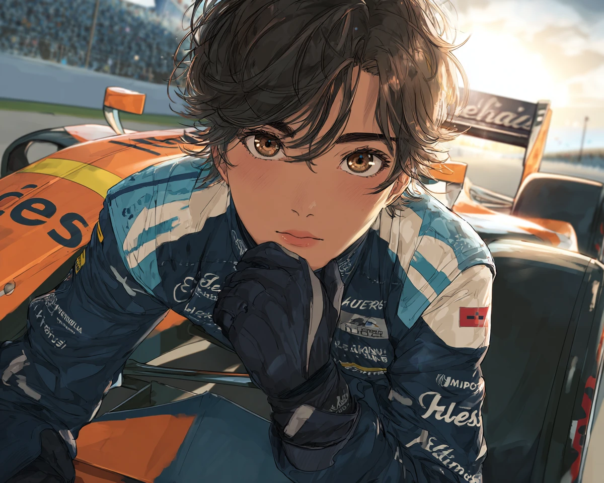 Anime race car driver resting on sleek formula car