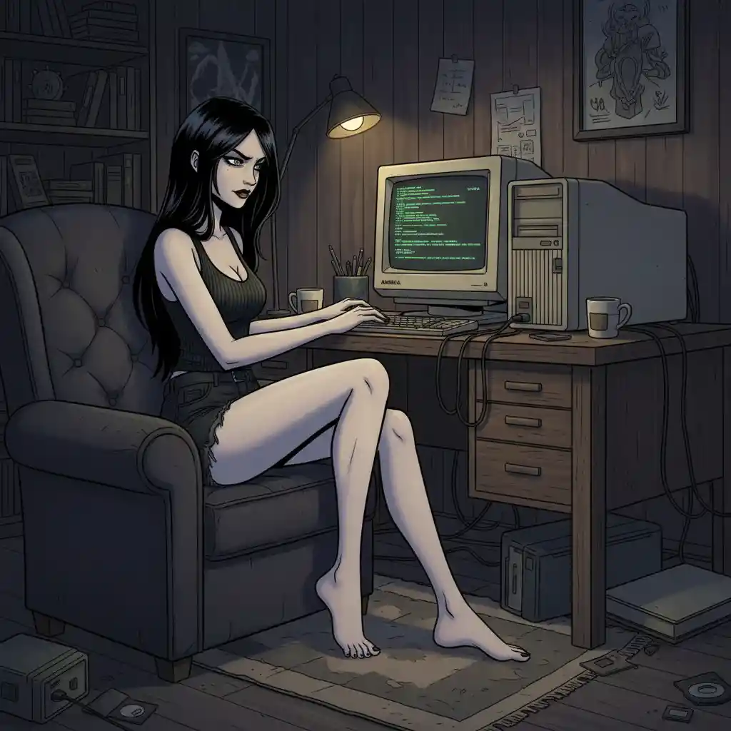 Barefoot woman hacking at a retro computer terminal