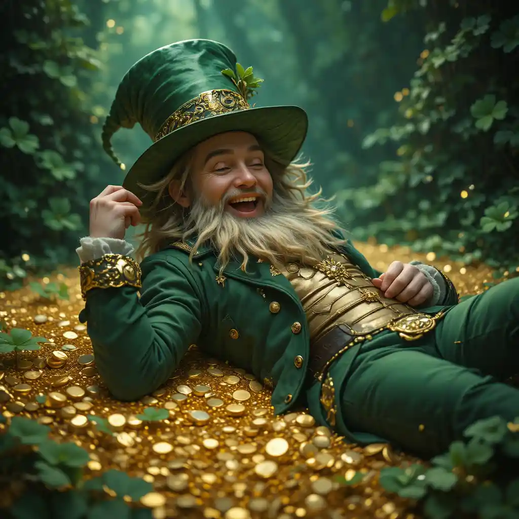 Joyful leprechaun lying on a sparkling pile of gold