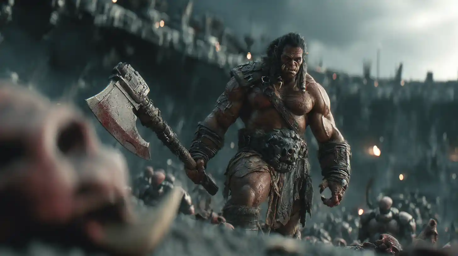 Barbarian warrior charging across a desolate robotic battlefield