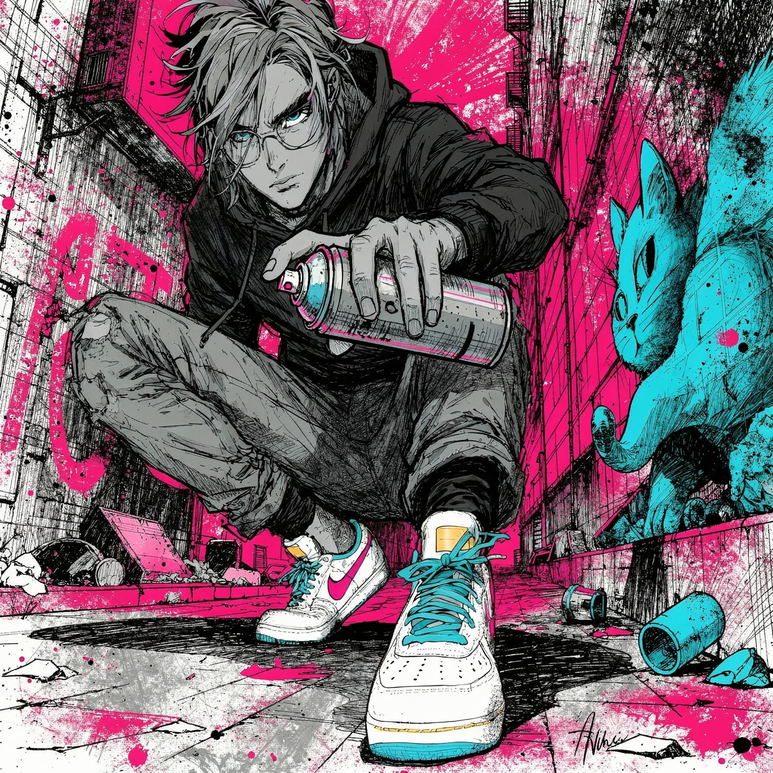 Cyberpunk comic panel with neon magenta and cyan accents
