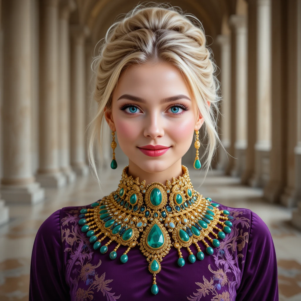 Ritratto di donna bionda sorridente con collana in oro e smeraldi