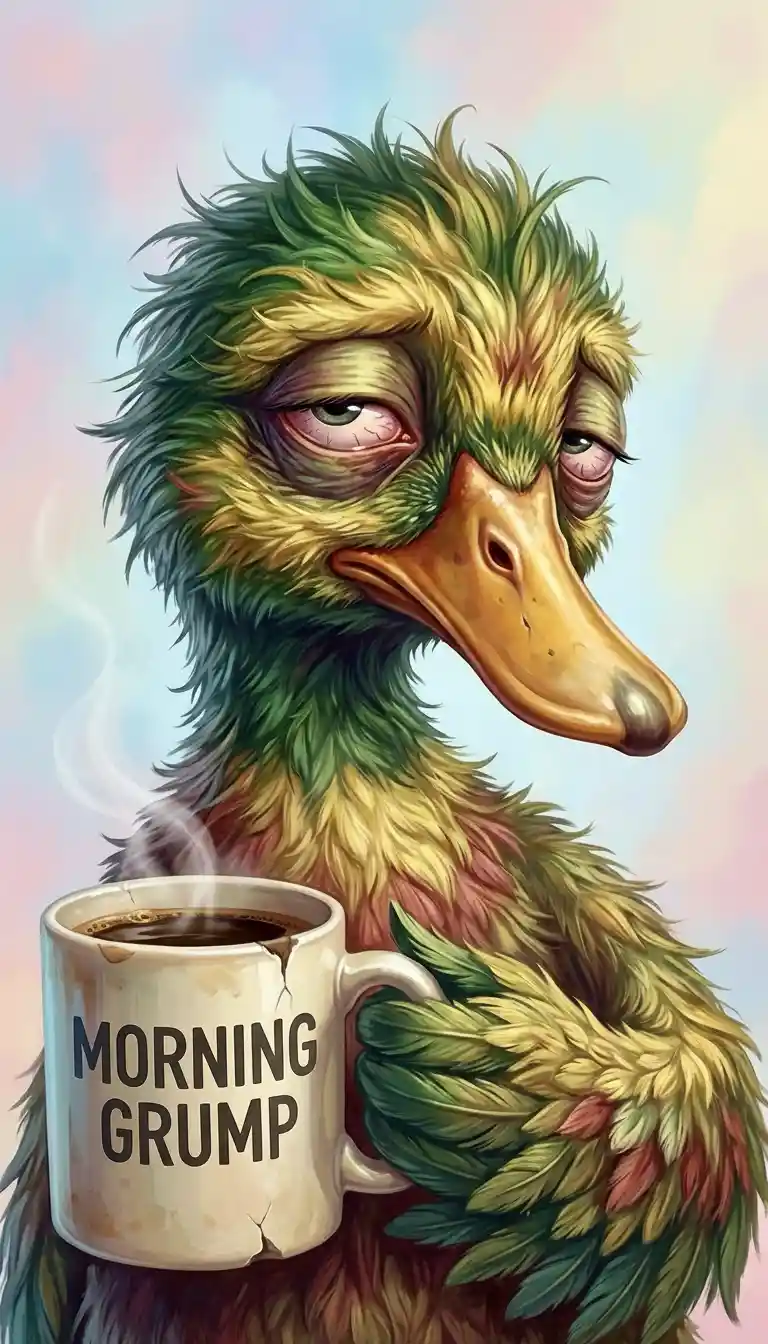 Grumpy Shaggy Duck Holding A Coffee Mug Illustration