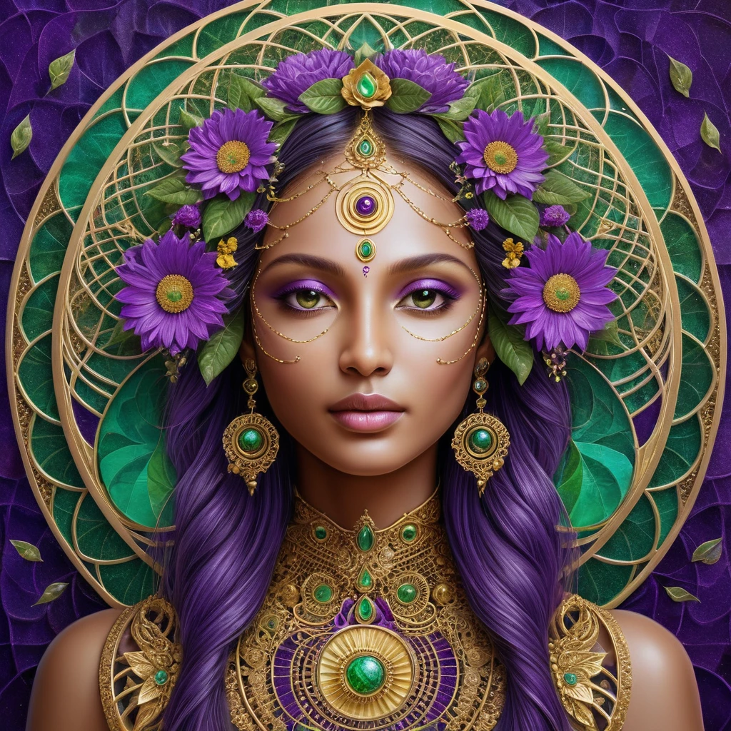 Mystical woman with floral aura in golden harmony