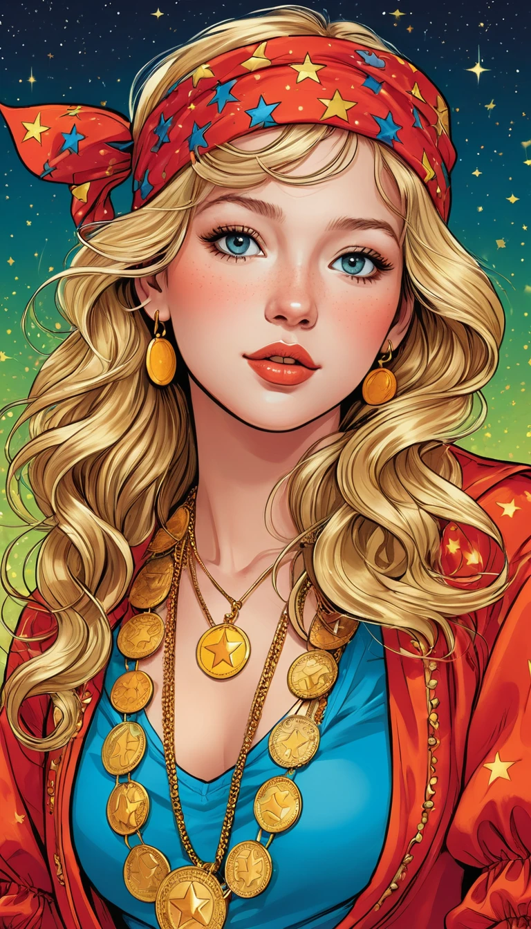 Blonde girl in red bandana with gold coin background